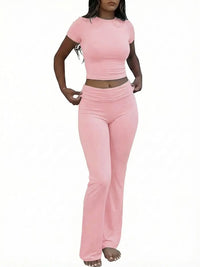Women'S Solid round Neck Crop Top & Skinny Pants Knit Loungewear Set, Summer Outfits 2024, Casual Comfy Pyjama Set for Women, Comfy Loungewear Set for Women Home Wear, Pyjamas for Women, Pajama Set, Homewear