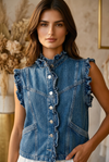 Victorian Muse Ruffle-Trim Denim Vest – High Collar Statement Layer