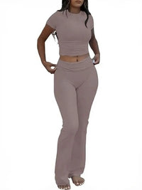 Women'S Solid round Neck Crop Top & Skinny Pants Knit Loungewear Set, Summer Outfits 2024, Casual Comfy Pyjama Set for Women, Comfy Loungewear Set for Women Home Wear, Pyjamas for Women, Pajama Set, Homewear